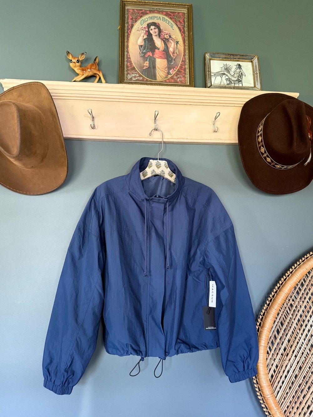 Funnel collar Lightweight Navy Windbreaker Jacket with Drawstring Hem Sz small